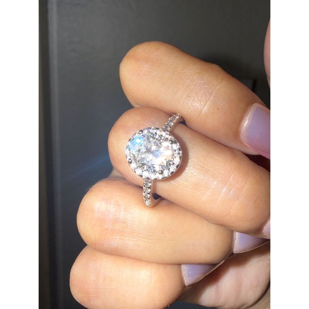2 CT Oval Moissanite Halo Ring Size 8 Rhodium Plated Pavé GRA Certificate